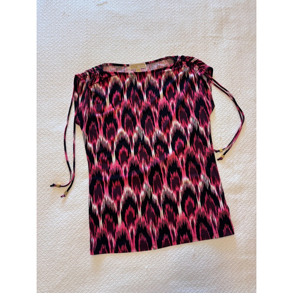 Michael Kors Pink Ikat Peacock Print Boat Neck Drawstring Shoulder Top Small